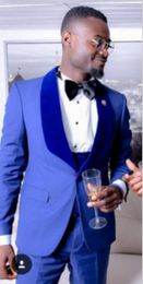 Popular Blue Men Wedding Tuxedos Velvet Shawl Lapel Slim Fit Groom Tuxedos 19 Style Men Dinner/Darty 3 Piece Suit(Jacket+Pants+Tie+Vest) 140