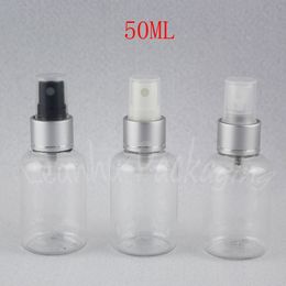 50ML Transparent Plastic Bottle With Silver Spray Pump , 50CC Empty Cosmetic Container , Makeup Water / Toner Sub-bottling