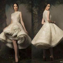 High Low Ball Gown Dresses Evening Wear 2019 Krikor Jabotian Jewel Neckline Sleeveless Knee Length Lace Prom Gowns With Sequins And Pearls