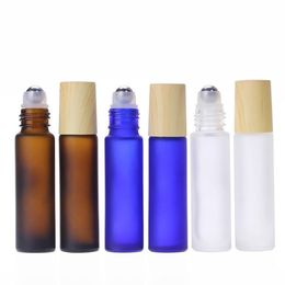 Wood Grain Plastic Cap 5ml 10ml Frosted Glass Roll On Bottles with Stainless Steel Roller Ball for Essential Oil Lip Balms