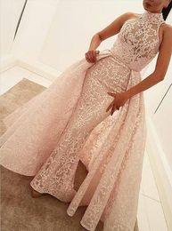 2018 Luxury Elegant Evening Formal Dresses Sleeveless Halter Full Lace With Lining Prom Dresses Detachable Train Sashes Women Party Gowns