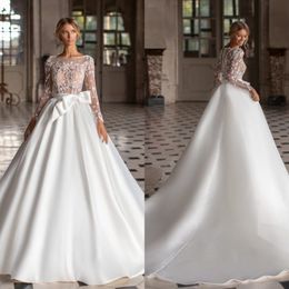 Newest Ball Gown Wedding Dresses Jewel Neck Long Sleeve Bow Beads Tulle Satin Applique Wedding Gowns Sweep Train robe de mariée