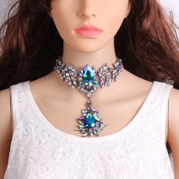 fashion designer luxury exaggerated very glittering beautiful rhinestone diamond crystal flower earring choker statement necklace for woman