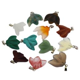 Natural gemstone carving leaves shape agate stone pendant set 12 mixed Colour semi-precious stone pendant wholesale