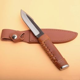 Outdoor Survival Straight Hunting Knife High Carbon Steel Satin Blade Full Tang Leather Handle &Leather Sheath