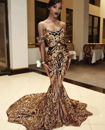 Aso Ebi 2020 Arabic Gold Sparkly Sexy Evening Dresses Lace Mermaid Prom Dresses Sequined Formal Party Second Reception Gowns ZJ356