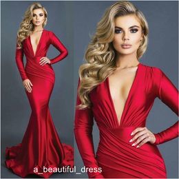 Long Red Mermaid Evening Dresses Sexy Deep V-neck Long Sleeves Formal Prom Dress Vestidos Elastic Silk Like Satin Custom Made ED1212