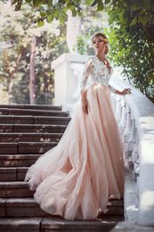 Romantic 2019 Lace Pink Wedding Dress High Quality Deep V-neck Tulle Bridal Gown Custom Made Plus Size