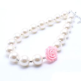 Shiny Pearl Beads Kid Chunky Necklace Pink Flower Fashion Bubblegum Bead Chunky Necklace Children Jewellery For Toddler Girls