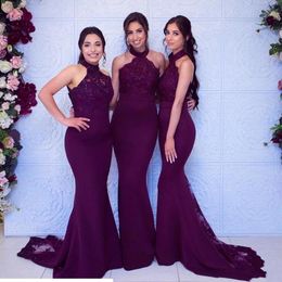 Burgundy Satin Mermaid Bridesmaid Dresses 2021 Halter Lace Beaded Wedding Guest Prom Gowns Backless Sweep Train Maid Of Honor Dress AL4293