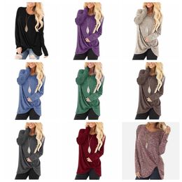 Women Solid Long Sleeve Shirt Knotted T-shirts Twist Casual Irregular Blouse Fashion Loose Tops European America Tank Women Clothes D6998