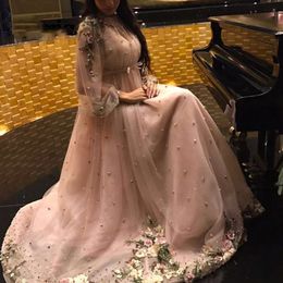 Spearkle Pink Evening Dresses 2019 Dubai Turkey Arabic Pearls Party Prom Dress For Weddings Moroccan Kaftan Robe de soiree
