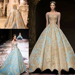 Michael Cinco 2019 Ball Gown Prom Dresses Vintage Gold Lace Sweep Train Evening Gowns Plus Size Illusion Long Sleeve Arabic Party Dress