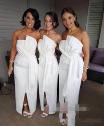 Simple White Bridesmaid Dresses Peplum Ruched Pleats Front Slit Ankle Length Strapless Custom Made Maid of Honor Gown for Beach Wedding