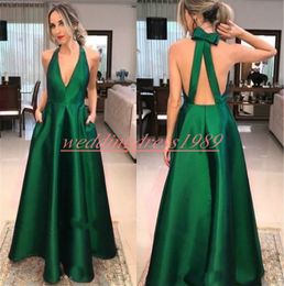 Elegance V-Neck Backless Prom Dresses With Pocket Ball Dark Green Satin Formal Juniors Evening Wear Vestido de fiesta Cheap Long Party Gowns