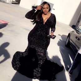 Mermaid Plus Size Prom Dresses Black Girls Lace Plunging V Neck Long Sleeve Evening Gowns With 3D Flowers 2019