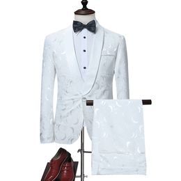 Fashion Shawl White Lapel Groom Tuxedos Floral Pattern Men Suits Wedding/Prom Best Men Designer Jackets