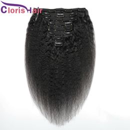 Full Head Kinky Straight Brazilian Virgin Hair Extension Clip Ins 8pcs/set 120g Natural Black Human Hair Coarse Yaki Clips In/On Weave