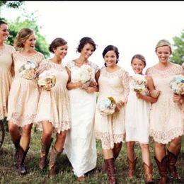 Country Bridesmaid Dresses Short Lace Maid of Honour Gowns Illusion Scoop Neck Sheer Sleeves Asymmetrical Party Gowns Custom Made