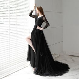 setwell black tulle a line evening dresses custom sweep train 3/4 sleeves evening gowns v neck prom dress robe de soiree