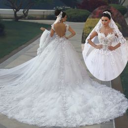 Ilusão de volta princesa uma linha vestido de casamento luxo rendas apliques longo vestido de baile vestido de noiva personalizado fazer com decote em v robe de mariee274q