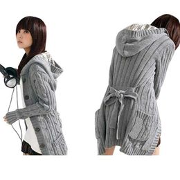 ladies Fashion Long Sleeve Winter Warm autumn Sweater print Knitted Cardigan Loose Sweater Outwear Jacket Coat With Belt sweaters