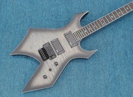 Rare 24 Frets Rich Warlock Grey Black Edge Quilted Maple Top Electric Guitar Floyd Rose Tremolo, EMG Active Pickup 9V Battery, Abalone Inlay