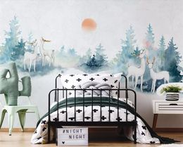 Beibehang Custom wallpaper Mediterranean hand painted watercolor white deer wood TV background walls Decorative 3d wallpaper