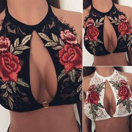 2017 Fashion Women Lady Lace Floral Embroiedry Tanks Top Short Tops Lace Up Crop Tops S-XL size Hot Sales