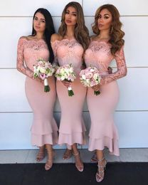 Blush Pink Tea Length Mermaid Off the Shoulder Lace Bridesmaid Dresses Satin Tiered Long Sleeves Plus Size Sexy Formal Evening Cocktail Gown