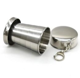 Camping Mug Folding Cup With Keychain Stainless Steel Travelling Outdoor Bottel Telescopic Collapsible Cups Supplies 75 ML