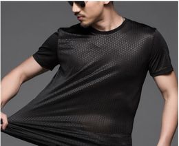 Summer men's round neck printed top short-sleeved t-shirt plaid large size high elastic ice silk sexy breathable hollow bottoming shirt two hundred