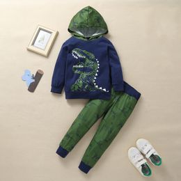 2019 new autumn children's clothing long-sleeved dinosaur hooded suit, boy cotton home service two-piece suit P014