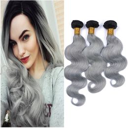 Ombre Colour 1B/grey Body Wave Hair Weft Unprocessed Human Hair 3 Bundles Brazilian Virgin Hair Extension Dark Root Ombre Bundle Weaves