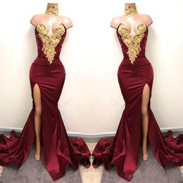 New Design Sexy Burgundy Prom Dresses Gold Lace Appliqued Mermaid Front Split for 2020 Long Party Evening Wear Gowns