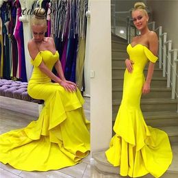 African Arabic Yellow Mermaid Prom Dresses Satin Off Shoulder Backless Sleeveless Evening Gowns Custom Made Party Pageant Dress