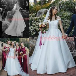 Charming Off Shoulder Satin White Wedding Dresses Capped Train 2020 African Bride Dress Ball vestido de noiva Plus Size A-Line Bridal Gowns