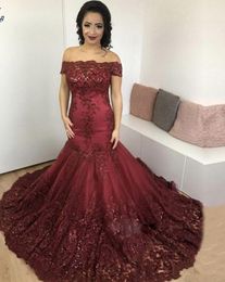 2020 Bling Bling Burgundy prom Dresses strapless off shoulder Mermaid Lace Appliques Off the Shoulder Luxury Evening Gown corset back