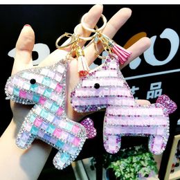 Horse Pony Animal Key Chain Crystal Rhinestone Pendant Keychain For Girl Women Leather Trinket Sparkle Metal Key Ring Bag Charm