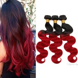 1B Red Ombre Virgin Malaysian Human Hair Weave Bundles 3Pcs Lot Dark Roots Two Tone Colored Peruvian Hair Extensions Body Wave Double Wefts