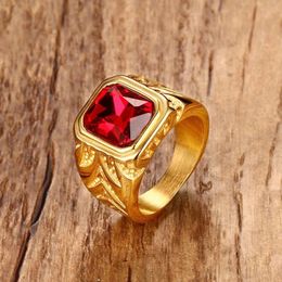 Mens Fire Red Cubic Zirconia Crystal Rings for Men Gold Tone Stainless Steel Engraving Male Hip-hop Jewelry