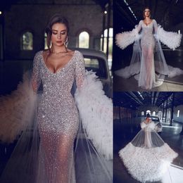 bling bling beach wedding dresses with wraps sexy deep v neck crystal beading long sleeve bridal gowns wedding dress