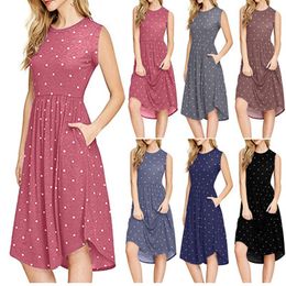 Dot Sleeveless Dress 6 Colors Summer O Neck Polka Dot Casual Female High Waist Retro Beach Dresses 5pcs OOA6995