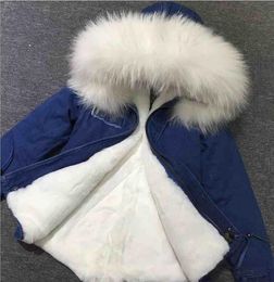 white rabbit fur lined blue demin mini parka Mukla furs brand women snow coat raccoon fur trim