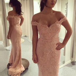 2019 Sexy Prom Dresses Off Shoulder Pink Lace Appliques Beaded Mermaid Long Sashes Open Back Sweep Train Evening Dress Party Pageant Gowns