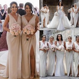 Cheap New Country Sexy Split Bridesmaid Dresses For Weddings V Neck Sleeveless Chiffon Floor Length Plus Size Formal Maid of Honor Gowns