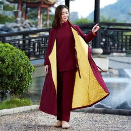 Women's cotton linen long knee literature and art cotton padded jacket robe meditation Guqin playing teaism Enlarged and widened Zen tea