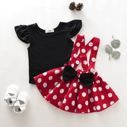 15572 Baby Girls Dress Set Kids Ruffles T-shirt + Dots Bowknot Suspender Skirt Girl 2pcs Set Children Outfits