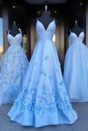 2020 Spaghetti V-neck Satin Juniors Prom Dresses Hand Made Flowers A-line Empire Waist Sweet 16 Dress Formal Evening Gowns Long Cheap Blue