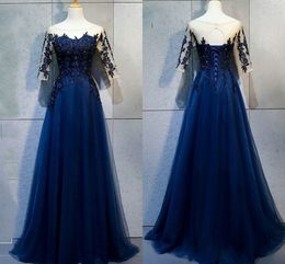 2019 Hot Sale Dark Blue Lace Evening Dress Elegant Formal With Sleeves Applique Beaded Bateau Lace-up Prom Dress Party Evening Gowns Women